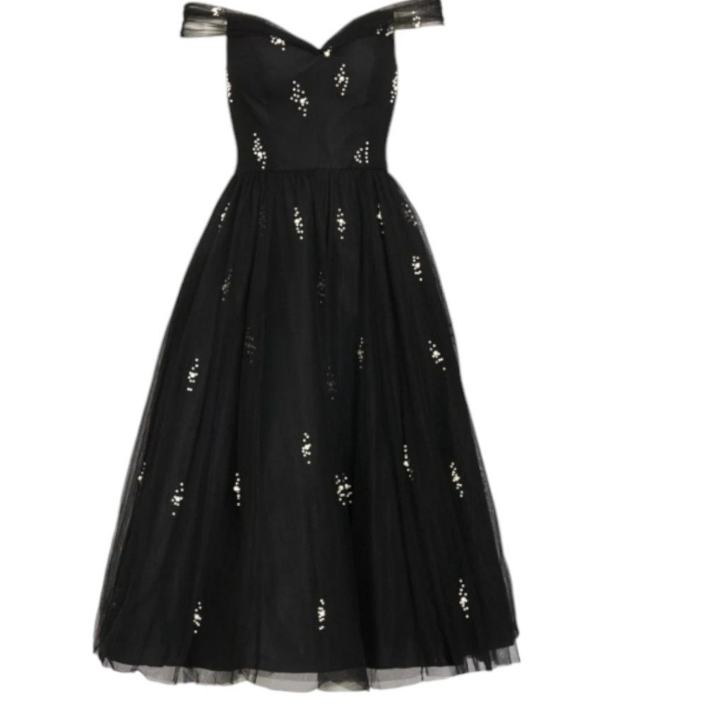 NWT Mac Duggal Black Embellised Tull Off The Shoulder Midi Dress Sz 2 - Picture 4 of 13